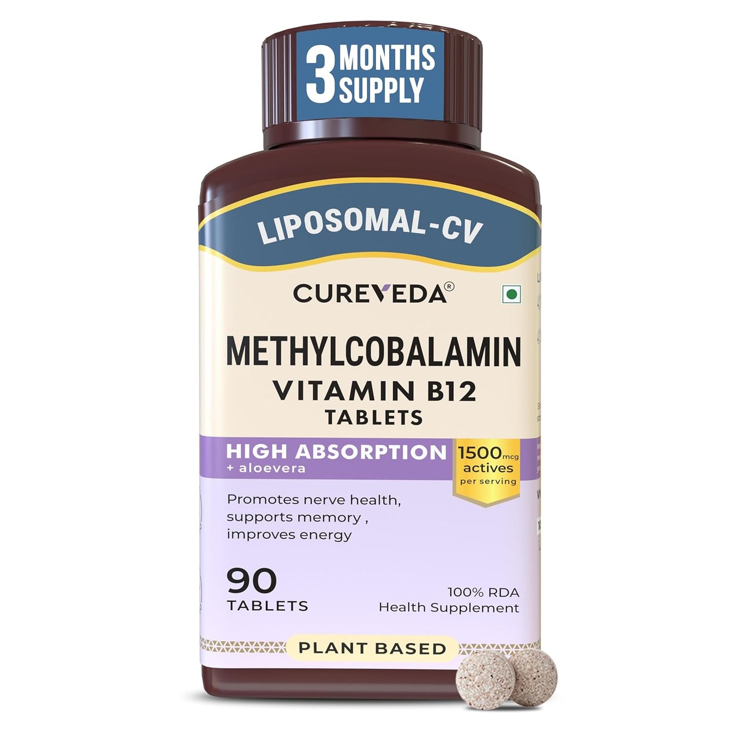 Cureveda Liposomal Vitamin B12 1500 mcg Active Methylcobalamin Aloe Vera | High Absorption Tablets for Nerve Health, Memory & Energy | 90 Tablets (90 Day Pack)