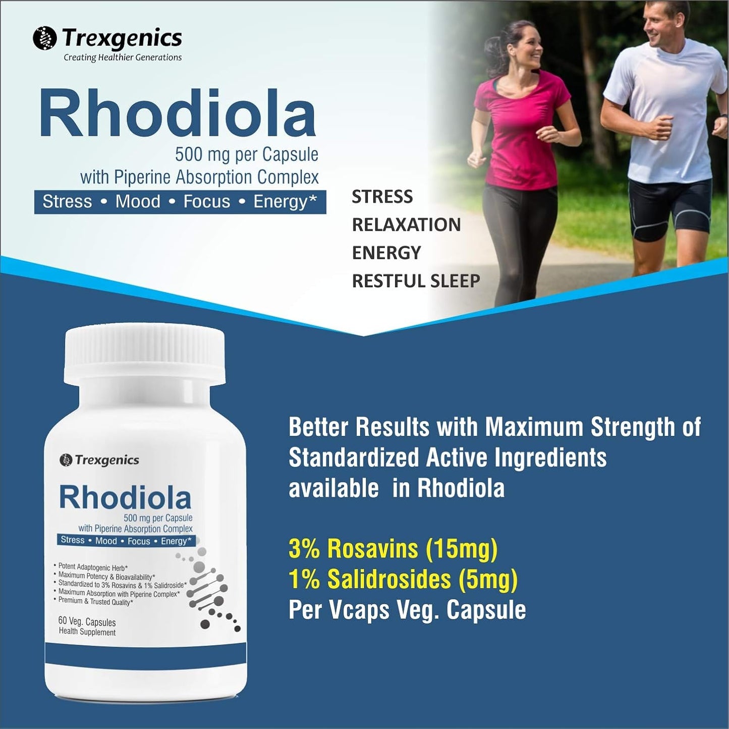 Trexgenics Rhodiola Rosea Standardized 500mg Premium Adaptogen Complex with Piperine (60 Veg.Capsules) (1)