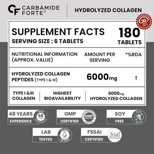 Carbamide Forte Collagen Supplements | Collagen tablets For Women & Men | Type I & III Hydrolyzed Peptides | Skin Supplementss for Glowing Skin, Hair & Nails - 180 Tablets