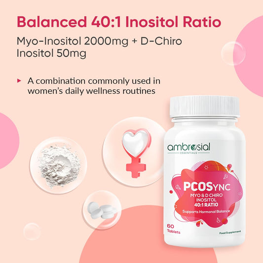 Ambrosial PCOS Supplement for Women | 40:1 Myo Inositol 2000mg & D Chiro Inositol 50mg | With Berberis, Folate, Chromium, Zinc, B6, B12, Vitamin D2 | Hormonal & Metabolic Support | 60 Tablets