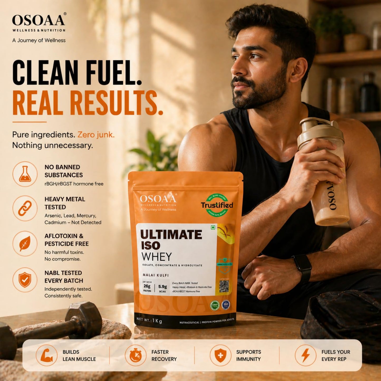 OSOAA Ultimate ISO Whey Protein Isolate Protein - 1kg, Kesar Kulfi | 26g Protein Powder for Muscle Support & Recovery | 100% Authentic Protein Supplement Powder - Batch wise Lab Report