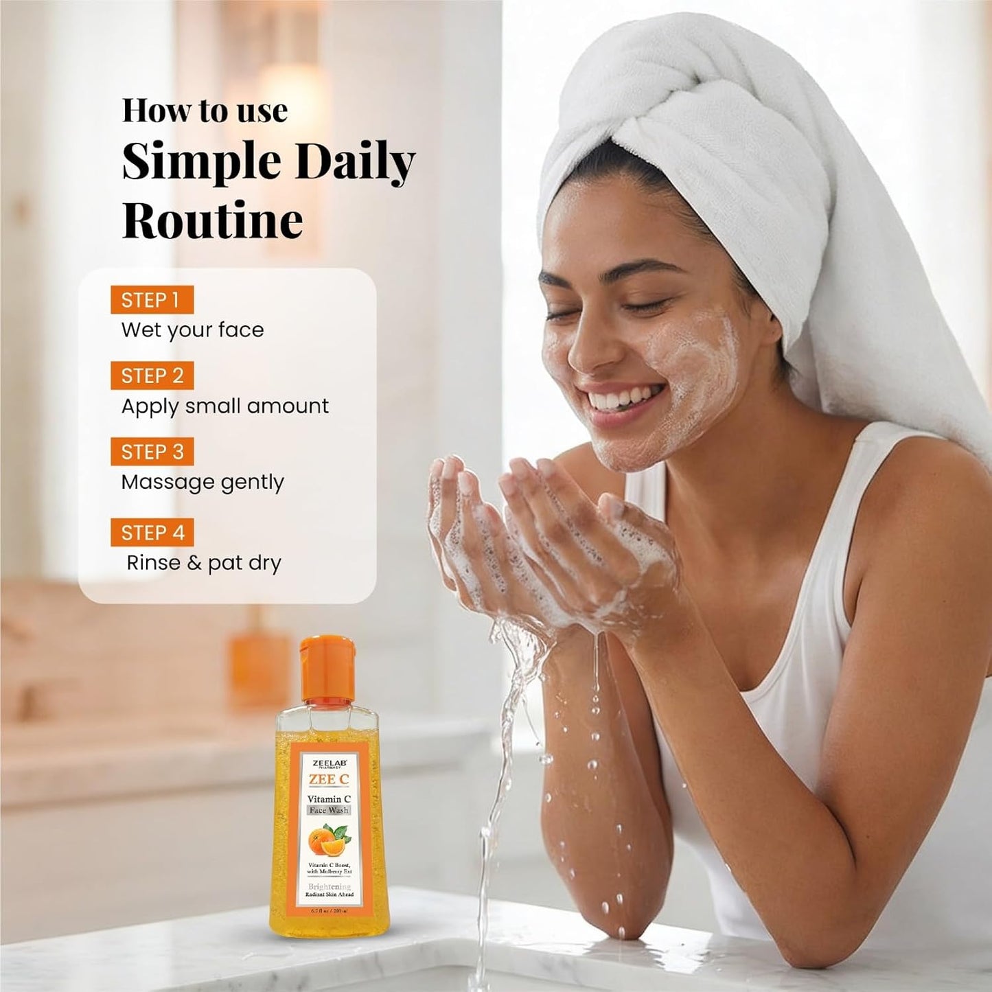 Zeelab ZEE-C Vitamin C Face Wash 200ml | Brightening Face Cleanser with Niacinamide, Aloe Vera, Licorice & Mulberry Extract | Helps Reduce Dullness, Dark Spots & Excess Oil | Gentle Daily Face Wash for Oily, Normal & Combination Skin