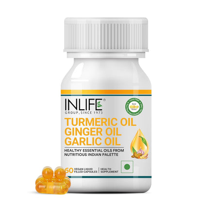 INLIFE Turmeric Oil Ginger Oil Garlic Oil Capsule, Faster Absorption than Extract, Immunity support, Heart Health Supplement for Adults Men & Women â€“ 60 Liquid Filled Vegetarian Capsules (Pack of 1)