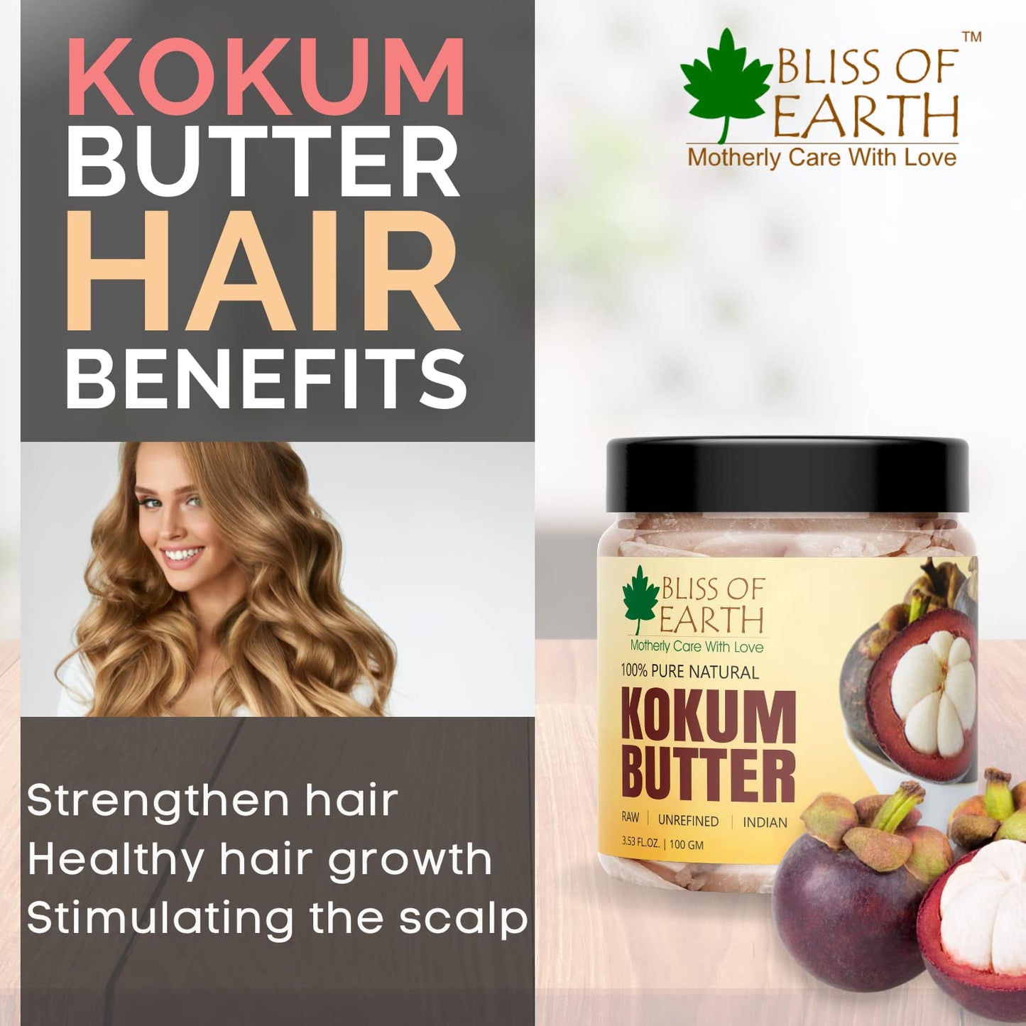Bliss of earth 100% Pure Natural Kokum Butter Raw | Unrefined | Indian Great For Moisturized Skin,Nourishing Hair, Stretch Mark, DIY Product PETA Approved 100GM