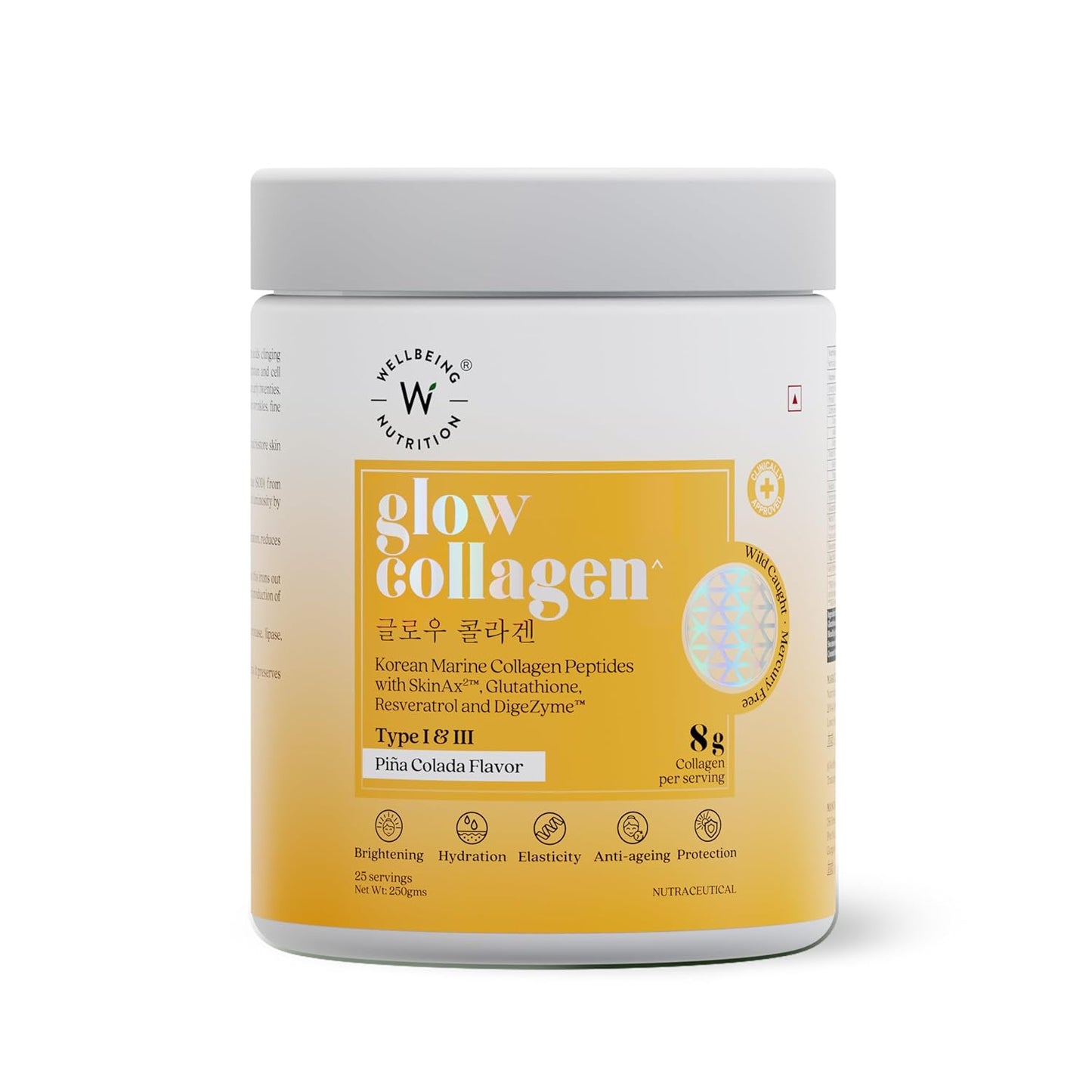 Wellbeing Nutrition Glow Collagen with Glutathione | Collagen Supplements for Women & Men | Marine Collagen Powder with SkinAxÂ², Resveratrol, Bromelain & Goji Berry | 250g - Pina Colada Flavor
