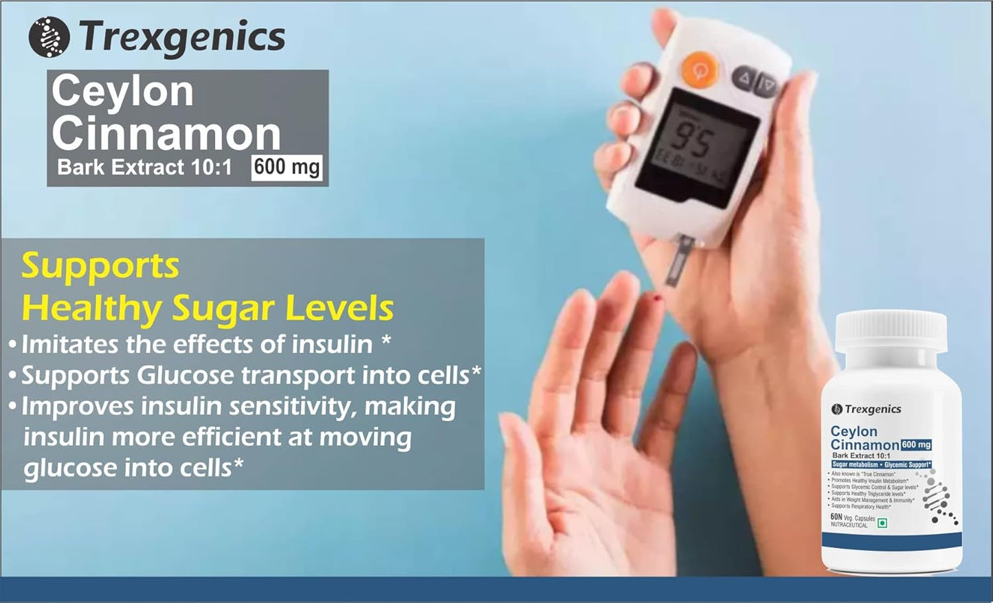 Trexgenics CEYLON TRUE CINNAMON 600 mg Diabetic Care, Sugar Level Support VEGAN & NON-GMO (60 Veg. Capsules) (Pack of 1)
