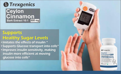 Trexgenics CEYLON TRUE CINNAMON 600 mg Diabetic Care, Sugar Level Support VEGAN & NON-GMO (60 Veg. Capsules) (Pack of 1)