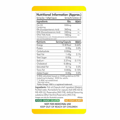 FYTIKA Omega 3 Fish Oil 1000mg 60 Capsules for Heart, Eye, Skin, Brain, Joint & Muscle Support | Omega 3 1000mg Fatty Acid Capsule enriched with EPA 360mg+DHA 240mg & Omega Fatty Acids 400mg