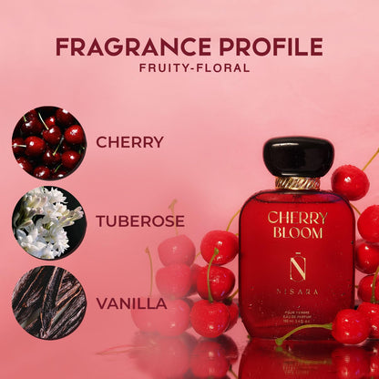 Nisara Cherry Bloom Gourmet Perfume For Woman 100 ml | Long Lasting Eau De Parfum | Fruity - Floral Fragrance With | Cherry, Plum, Tuberose, Vanilla, Musk, Amber, Sandalwood | EDP Scent spray for Women | Premium Perfume For Her
