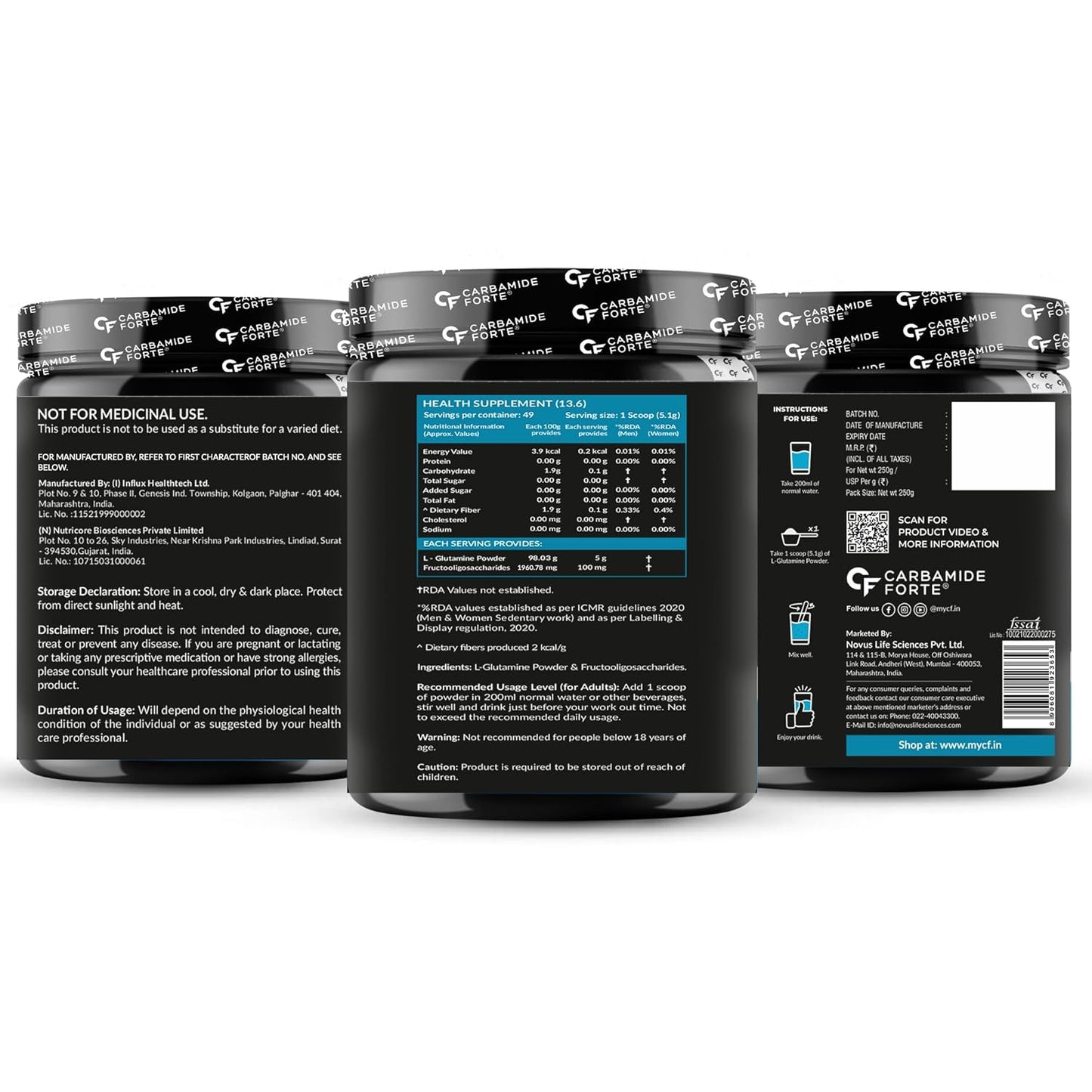 Carbamide Forte L Glutamine Supplement for Men | L Glutamine Powder 5000mg | L Glutamine Supplement | Muscle Recovery Preworkout Supplements For Men - Unflavoured - 250 grams