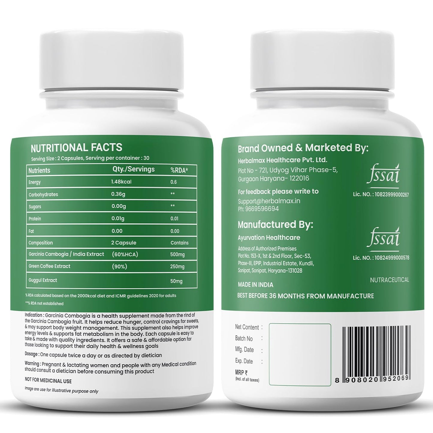 Herbal Max Garcinia Cambogia Capsules â€“ 60 Veg Capsules | 60% HCA & Green Tea Extract | Supports Weight Management, Fat Burning, Digestion & Metabolism
