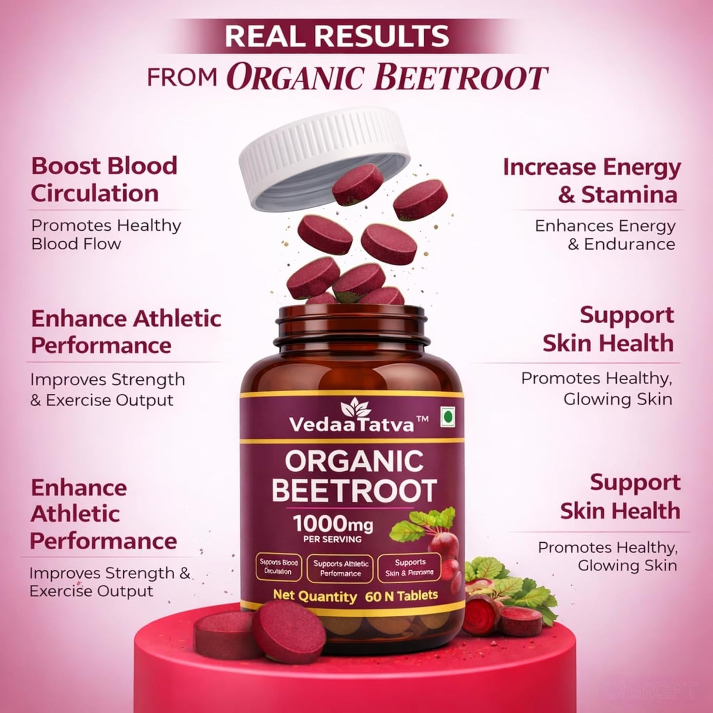 VedaaTatva Beetroot Tablets 60 Tablets 1000mg | Beetroot Tablet from Beta Vulgaris (Table Beet, Garden Beet, Red Beet) | Beetroot Powder Extract Supplement | Supports Blood Flow, Circulation & Hemoglobin | Natural Nitric Oxide Booster | Vegan
