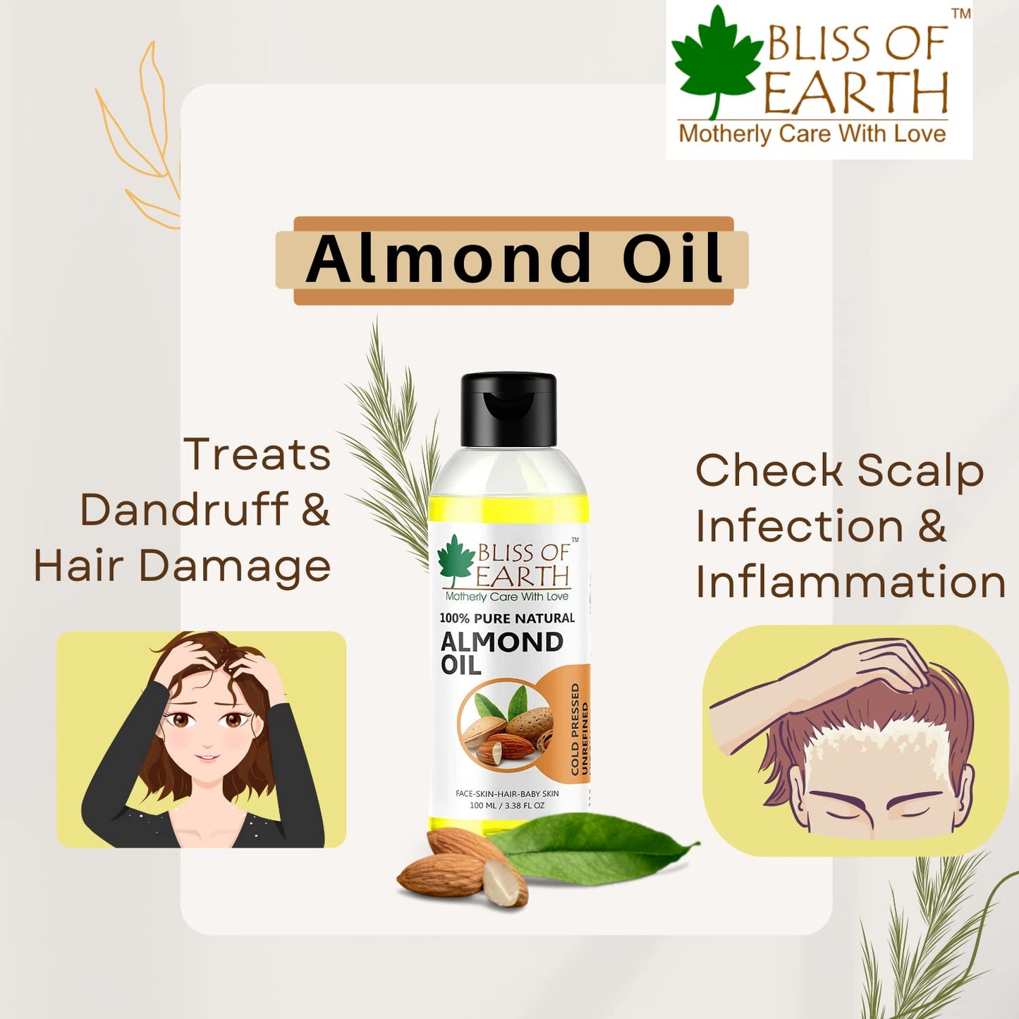Bliss of Earthï¿½ 100% Pure & Natural Sweet Almond Oil (Coldpressed & Unrefined) Extracted From Whole Almond Kernels (100ML)