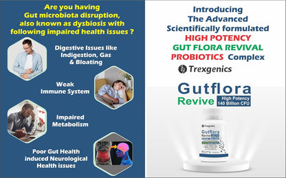 Trexgenics GUTFLORA-REVIVE Probiotics 140 Billion CFU/Delayee release stomach acid protection capsules, Gut Microbiota, Digestive Health & Immunity (30 Veg Capsules)