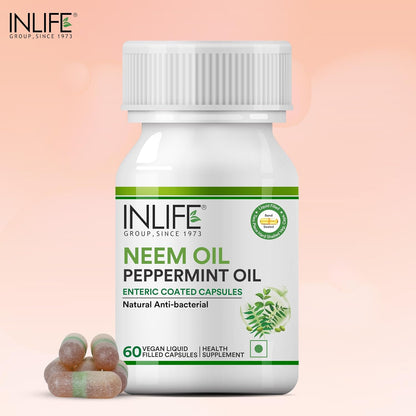 INLIFE Neem Oil 350mg with Peppermint Oil 150mg | Digestive Health & Skin, Hair Care Supplement | Enteric Coated Capsules â€“ 60 Liquid Filled Vegetarian Capsules (Pack of 1, 60)