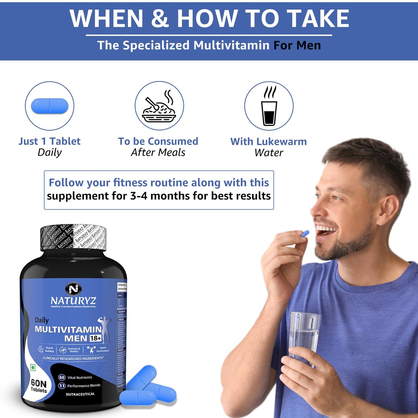 NATURYZ Daily Multivitamin Men 18+ with Highest 60 Nutrients (Vitamins, Minerals, Amino acids, Enzymes, Antioxidants, Herbal Extracts with Omega 3) and 11 Performance Blends for Muscle growth, Strength & Immunity- 60 Tablets