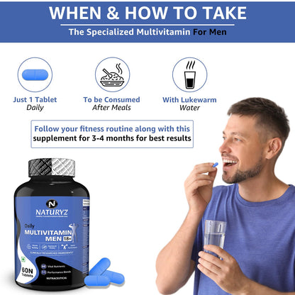 NATURYZ Daily Multivitamin Men 18+ with Highest 60 Nutrients (Vitamins, Minerals, Amino acids, Enzymes, Antioxidants, Herbal Extracts with Omega 3) and 11 Performance Blends for Muscle growth, Strength & Immunity- 60 Tablets