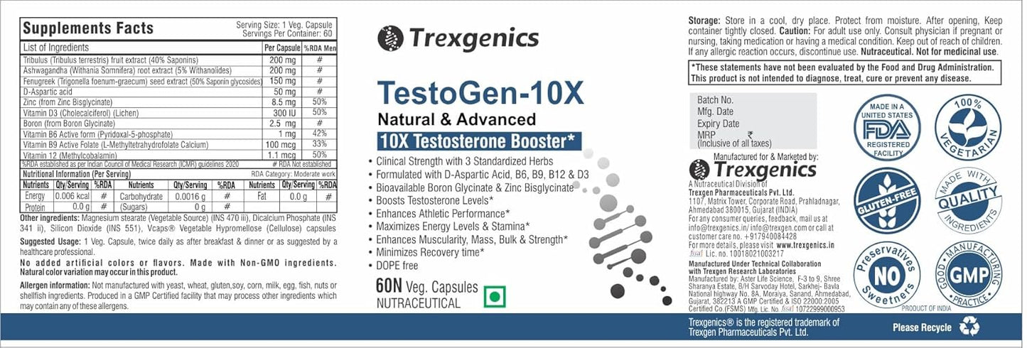 Trexgenics Testogen-10X Synergistic Action with Ashwagandha withanolides, Fenugreek & Tribulus saponins, Boron Glycinate,Zinc,Aspartic acid,D3,B6,B9,B12(60 Veg capsules)