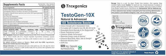 Trexgenics Testogen-10X Synergistic Action with Ashwagandha withanolides, Fenugreek & Tribulus saponins, Boron Glycinate,Zinc,Aspartic acid,D3,B6,B9,B12(60 Veg capsules)