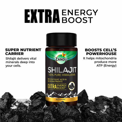 Zandu Shilajit Capsules, Infused with Goodness of Natural Shilajit Extracts, Helps Boost Immunity & Energy, Supports Metabolism -Pack Of 60 Vegetarian Capsules