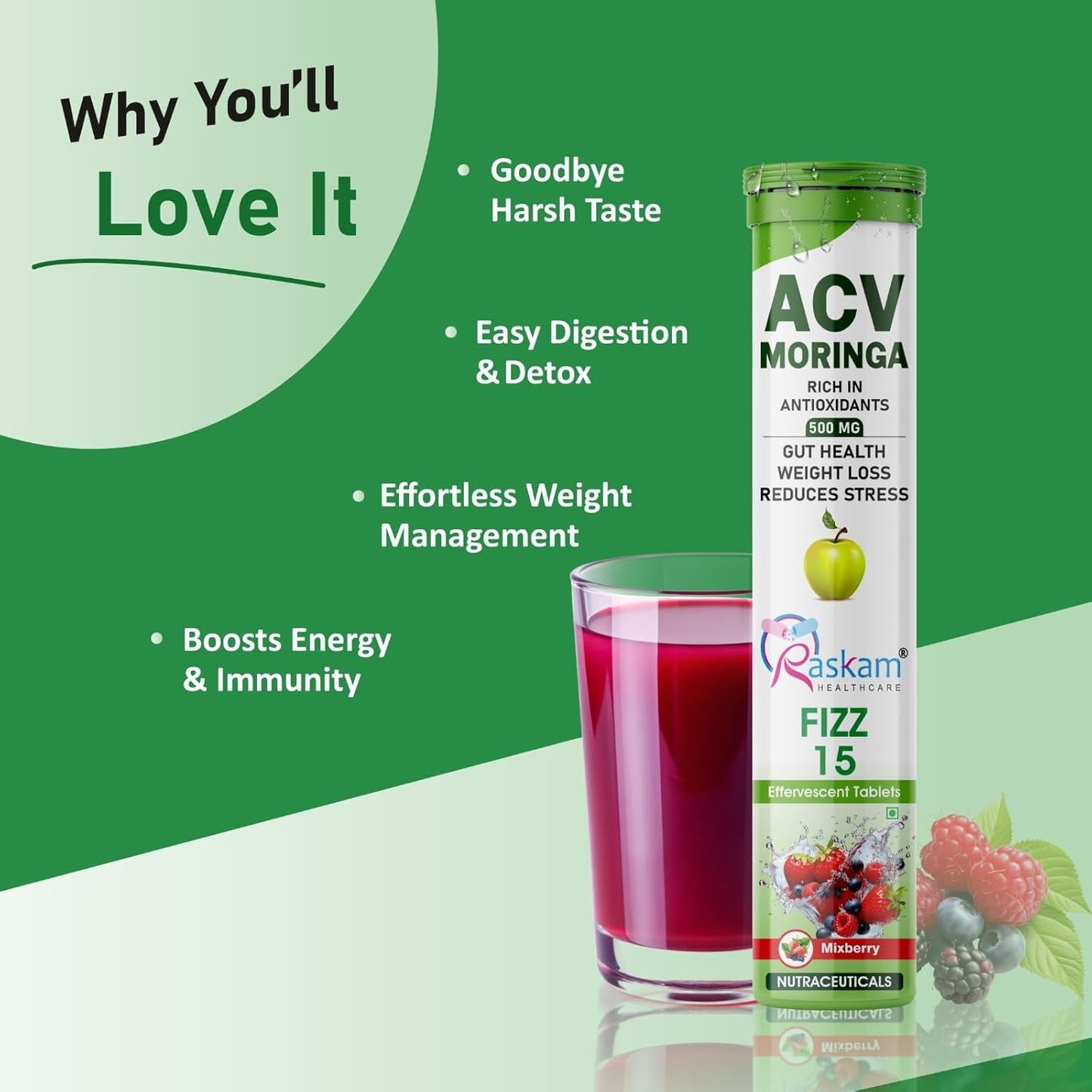 ACV Moringa Effervescent Tablets | Fizz 15 Tablets in Mixberry Flavor, 500mg| Natural Energy & Immunity Booster with Antioxidants to Control Cravings (Pack of 1)