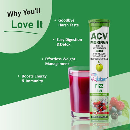 ACV Moringa Effervescent Tablets | Fizz 15 Tablets in Mixberries Flavour | Natural Energy & Immunity Booster with Antioxidants to Control Cravings | 500mg (Pack of 1)