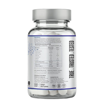 NATURALTEIN Calcium Citrate with Vitamin D3 & K2 MK-7 | High Absorption Bone & Joint Support | Helps Calcium Utilization, Muscle Strength & Immunity | Vegan, Non-GMO | 30 Tablets