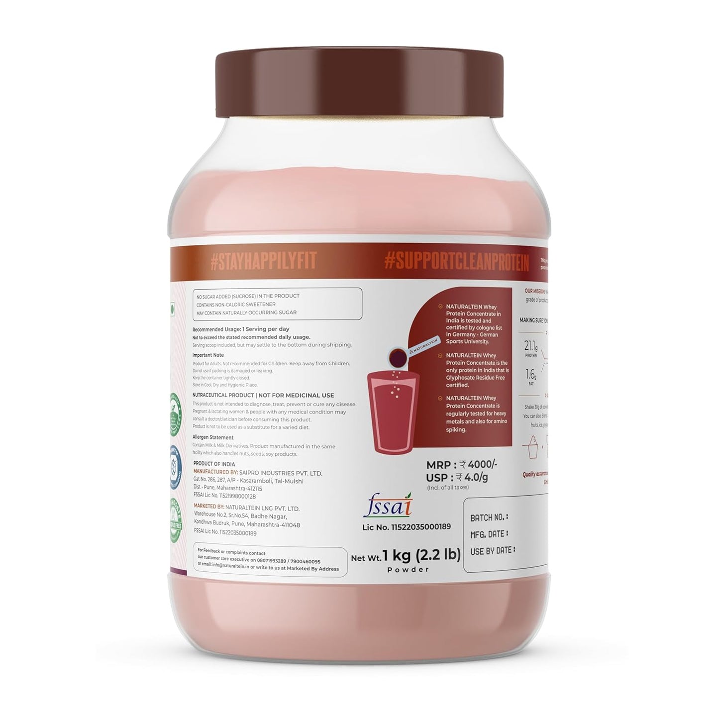 NATURALTEIN Natural Whey Protein Concentrate Italian Ice Cream â€“ 1 kg | 21.1 g Protein per Serving | Naturally Flavoured | No Artificial Sweeteners | Soy-Free, Gluten-Free & Easy to Digest