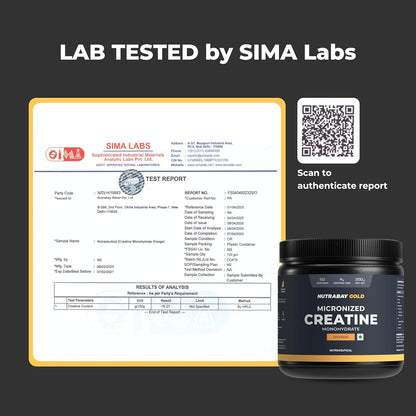 Nutrabay Gold Micronised Creatine Monohydrate Powder 3000 mg Creatine per Serving, NABL Lab Tested â€“ Increases Muscle Mass, Strength & Power â€“ Pre/Post Workout Supplement â€“ 250 g, Orange