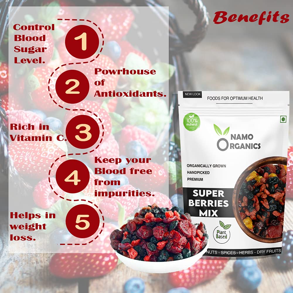 Namo Organics - Super Berry Mix - 500 Gm - without added sugar Healhy Dried Mixed Berries | 5+ Berry Dry Fruits like Cranberries, Blueberries, Strawberries, Goji Berries, Black current