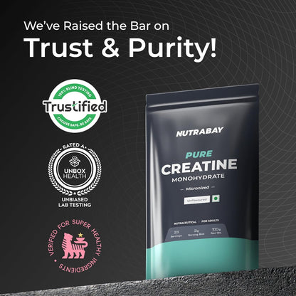 Nutrabay Pure Micronised Creatine Monohydrate Powder 3000 mg/Serving â€“ Pre/Post Workout Supplement for Muscle Gain & Recovery |33 Servings â€“ 100g, Unflavoured | Trustified Certified | 100% Authentic