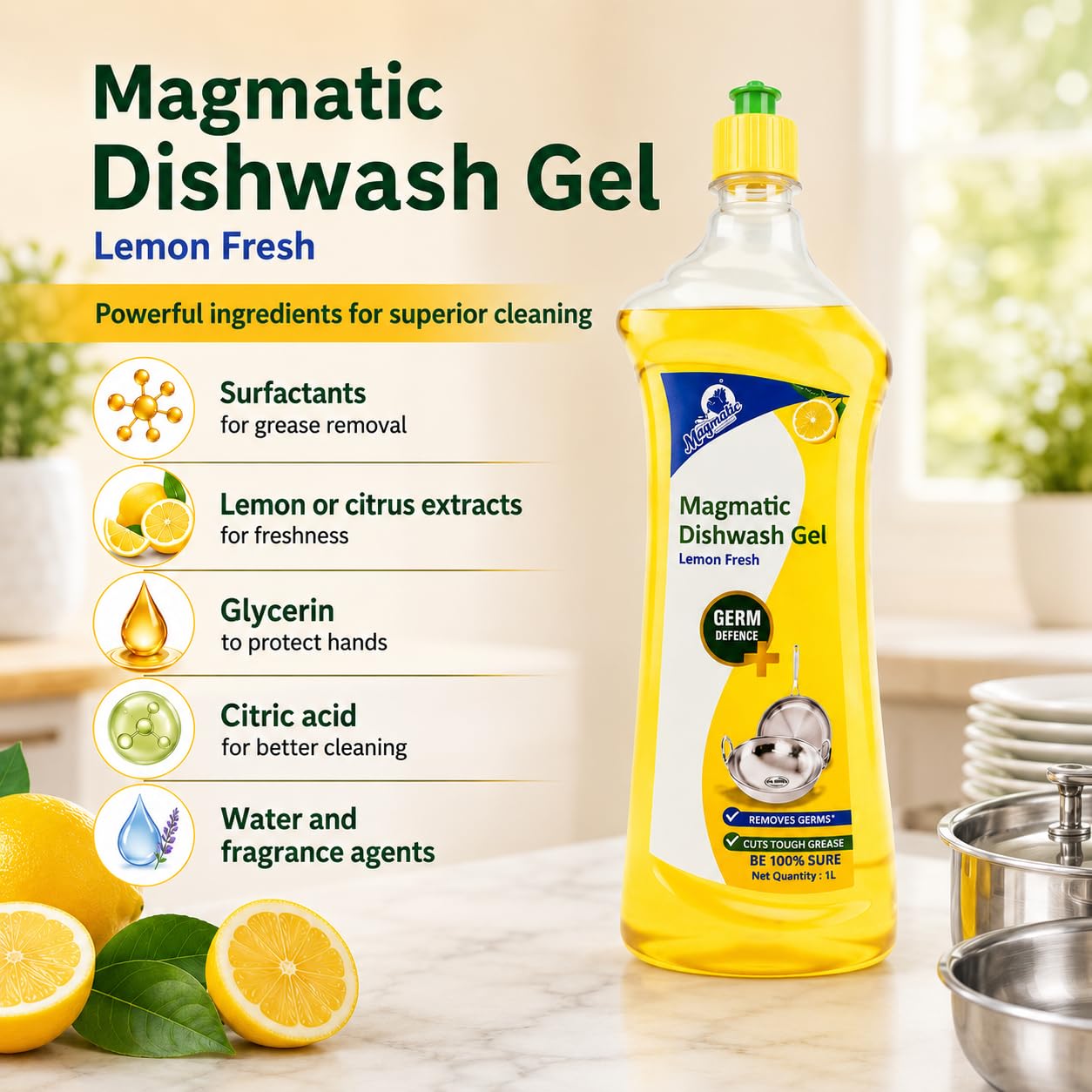 Magmatic Lemon Fresh Dishwash Liquid Gel 1L