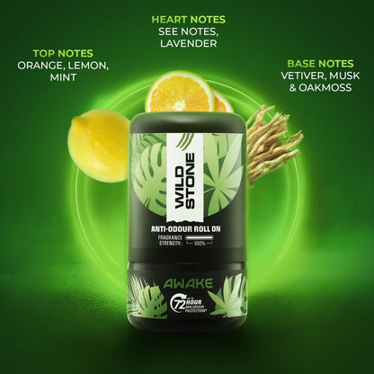 Wild Stone Awake Anti-Odour Roll On For Men, 50ml | Up to 72-Hour Odour Control | Enriched with Matcha tea and chamomile tea |Skin Friendly & Itch Free Deodorant Roll On | Long-Lasting Freshness
