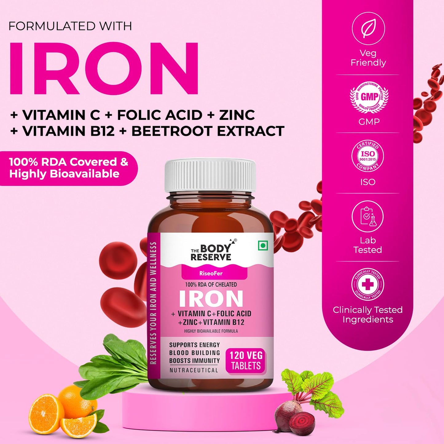 The Body Reserve Chelated Iron + Vitamin C Tablets-120 capsules with Vitamin B12,Zinc,Folic Acid,Beetroot Extract-High Absorption,Supports Blood Building,Energy & Immunity,100% RDA,1 count