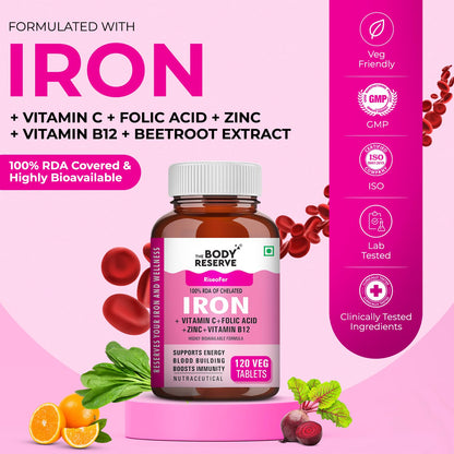The Body Reserve Chelated Iron + Vitamin C Tablets-120 capsules with Vitamin B12,Zinc,Folic Acid,Beetroot Extract-High Absorption,Supports Blood Building,Energy & Immunity,100% RDA,1 count