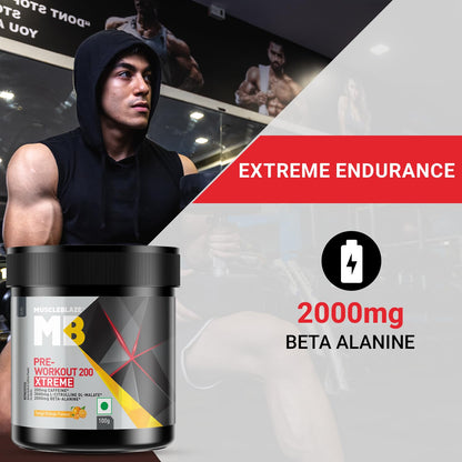 MuscleBlaze Pre Workout 200 Xtreme (Tangy Orange, 15 Servings, 100g) | 200mg Caffeine, 200mg Theanine, 2000mg Beta Alanine, 3000mg Citrulline