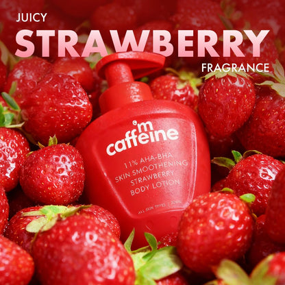 mCaffeine 11% AHA BHA Strawberry Body Lotion for Skin Smoothening | Gently Exfoliates Dead, Dry, Even Tones Skin | 72hr Moisturization | Juicy Strawberry Scent, For Men & Women-200ml