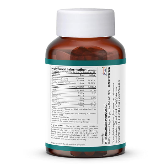 FYTIKA Magnesium Bisglycinate + | High Absorption Chelated Form| For Better Sleep, Stress Management, Muscle Recovery & Enhanced Workout | With Magnesium glycinate(as Bisglycinate) & Zinc | For Men & Women (PACK OF 1 â€“ 60 TABS)