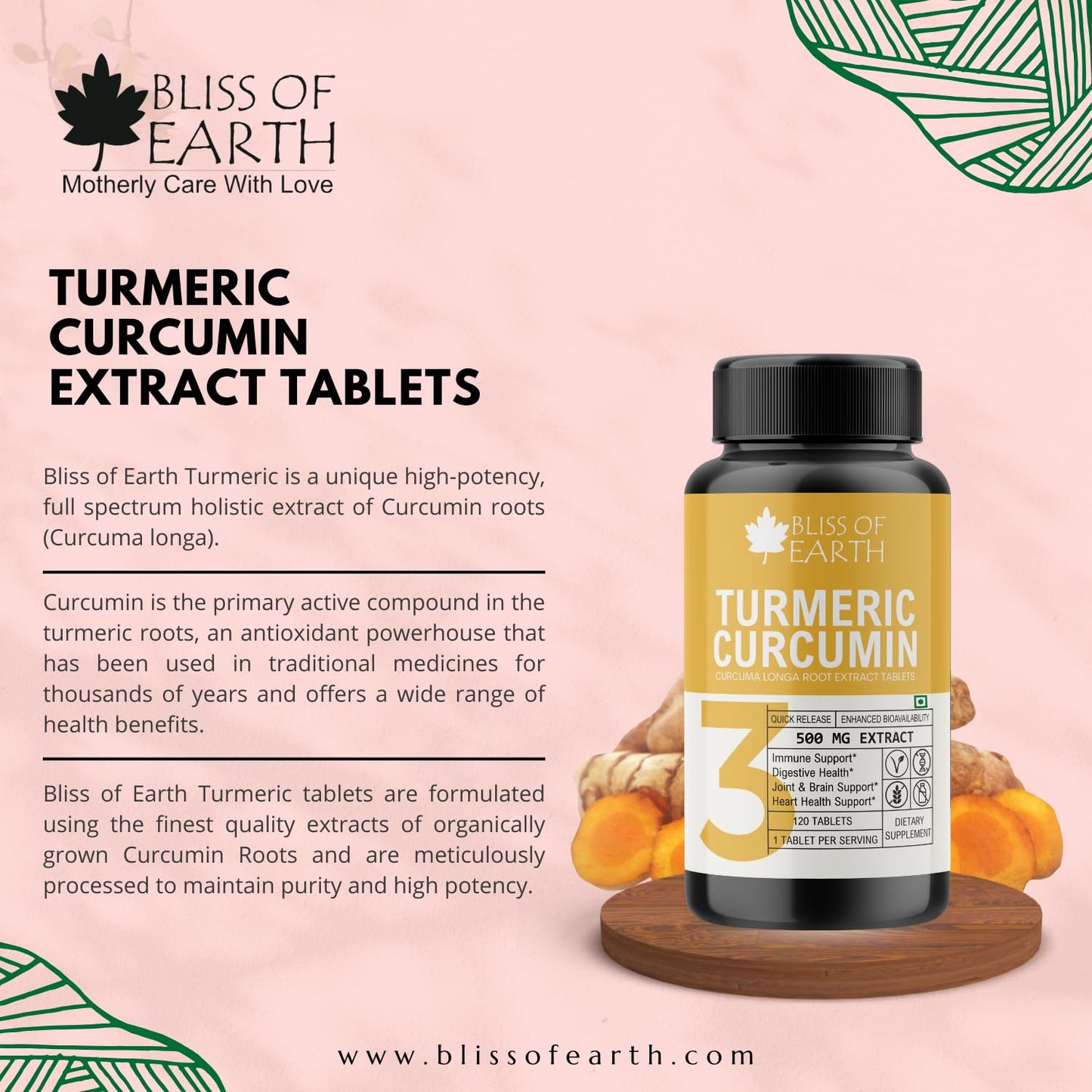 Bliss of Earth Turmeric Curcumin Tablets, 95% Curcuminoids, 500 mg Extract (Equivalent to 3700 mg Root Powder) High Potency, Quick Release & Enhanced Bioavailability., 60 Tablets