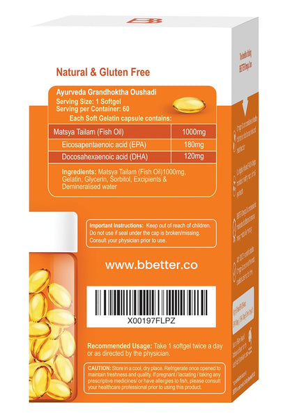 BBETTER Omega 3 Fish Oil Capsules 1000mg | Lab Tested Fish Oil Capsules | Lab Report Attached |High Absorption for Heart, Joints, Eyes & Brain | No Fishy Burps |180 EPA :120 DHA | 60 Softgels