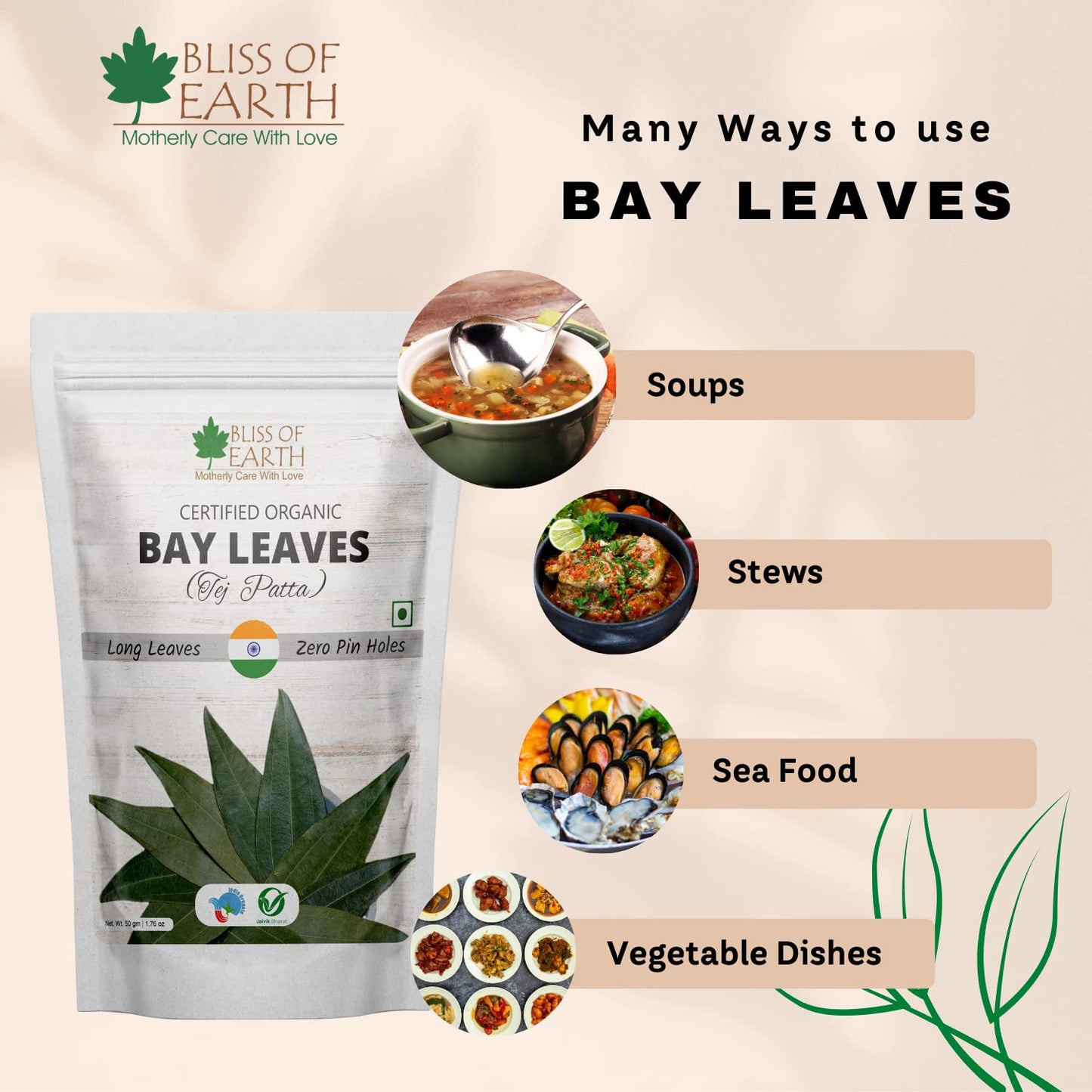 Bliss of Earth Certified Organic Indian Bay Leaves With Zero Pin Holes & Zero Dust, A1 Grade Tej Patta With Uniform Green Color, 50gm