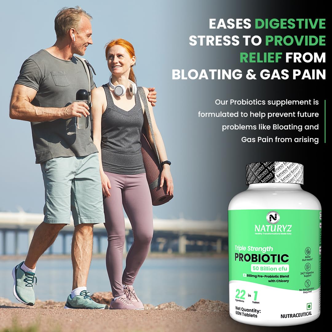 NATURYZ Triple Strength Probiotic 50 Billion CFU with Pre-Probiotic 600mg | Chicory Root | 22 Nutrients for Gut Health | Supports Digestion, Constipation, Gas & Bloating | No Refrigeration | 60 Tablets