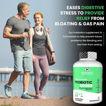 NATURYZ Triple Strength Probiotic 50 Billion CFU with Pre-Probiotic 600mg | Chicory Root | 22 Nutrients for Gut Health | Supports Digestion, Constipation, Gas & Bloating | No Refrigeration | 60 Tablets