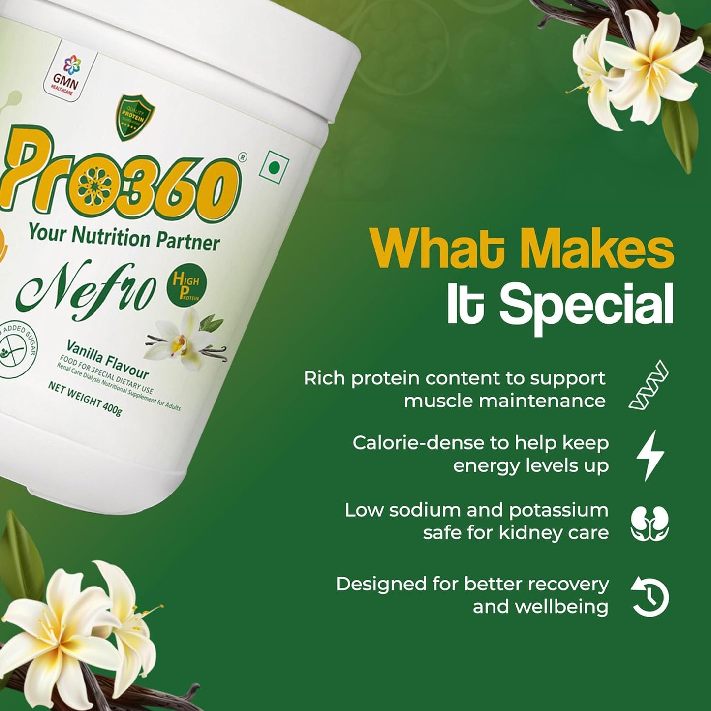 Pro360 Nefro HP Powder â€“ Vanilla Flavour, 400g â€“ High Protein Dialysis Care Nutritional Supplement for Renal Support â€“ Vanilla Protein Powder with L-Taurine, L-Carnitine & Essential Nutrients