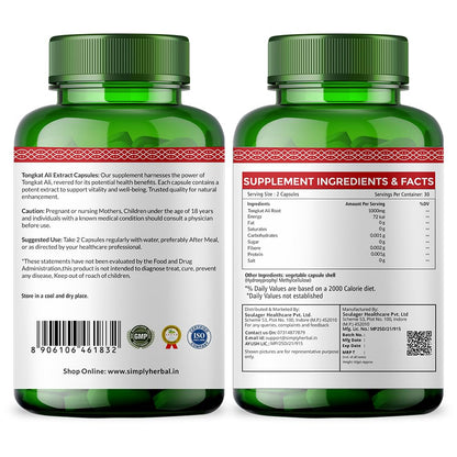 Simply Herbal Tongkat Ali root extract powder 1000mg | Enhanced testosterone level, Stamina and Stress tolerance 60 Veg Capsules
