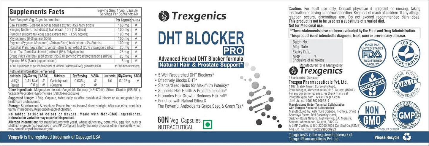Trexgenics DHT BLOCKER PRO formula with standardized herbs Hair Fall, Prostate Health Support VEGAN & NON-GMO (60 Veg. Capsules) (Pack of 1)