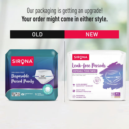 Sirona Disposable Period Panty for Girls & Women | M-L | Pack of 10 | 360Â° Coverage for Stress Free Periods | Leakage Protection for Heavy Flow | Rash Free | Super Absorbent with Comfortable Fit