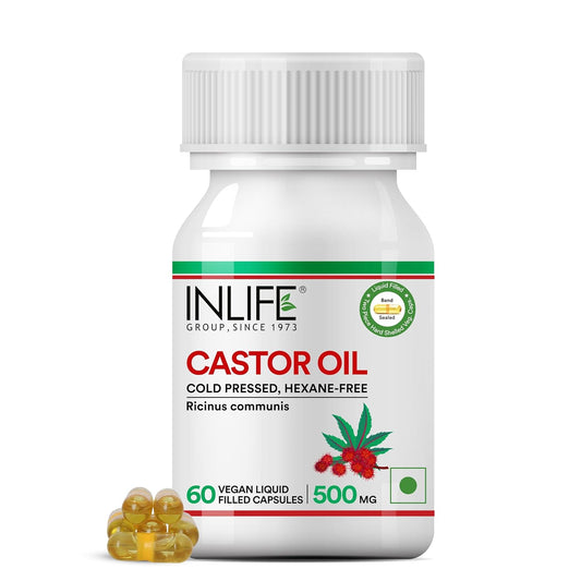 INLIFE Castor Oil Supplement for Hair and Skin, Natural Laxative, Quick Release, 500mg â€“ 60 Liquid Filled Vegetarian Capsules (Pack of 1, 60)