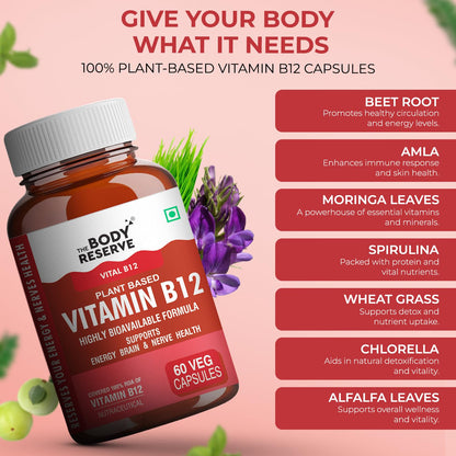 The Body Reserve Plant Based Vitamin B12 Supplement For Men & Women 60 Capsules Organic Vitamin B12 For Nerve And Brain Health Vegan Capsules, Daily One 60 Days Pack