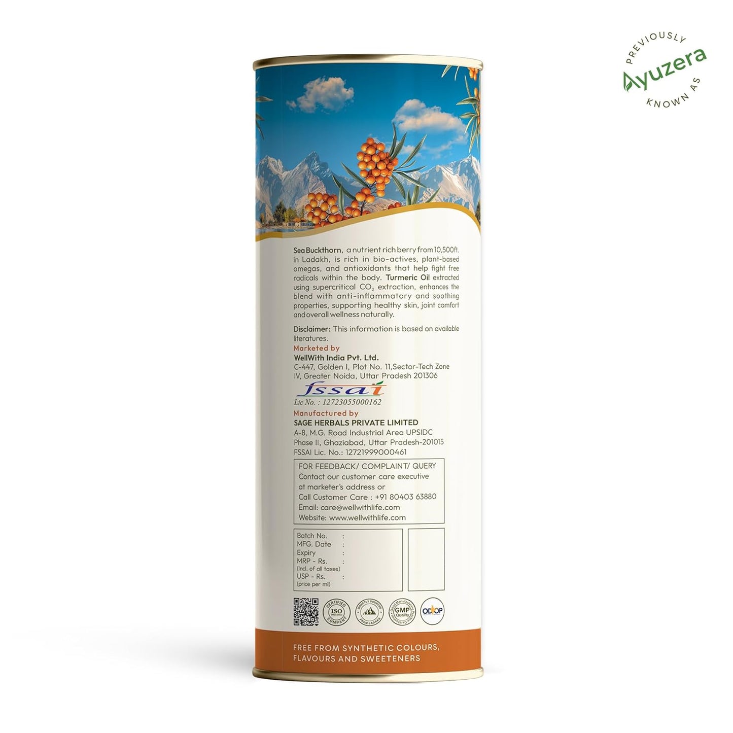 Wellwith (Ayuzera) Sea Buckthorn with Turmeric Curcumin Oil â€“ 300ml (Pack of 1) |Pulp Juice for Joint Health, Immunity & Skin | Omega 3 6 7 9 & Antioxidants
